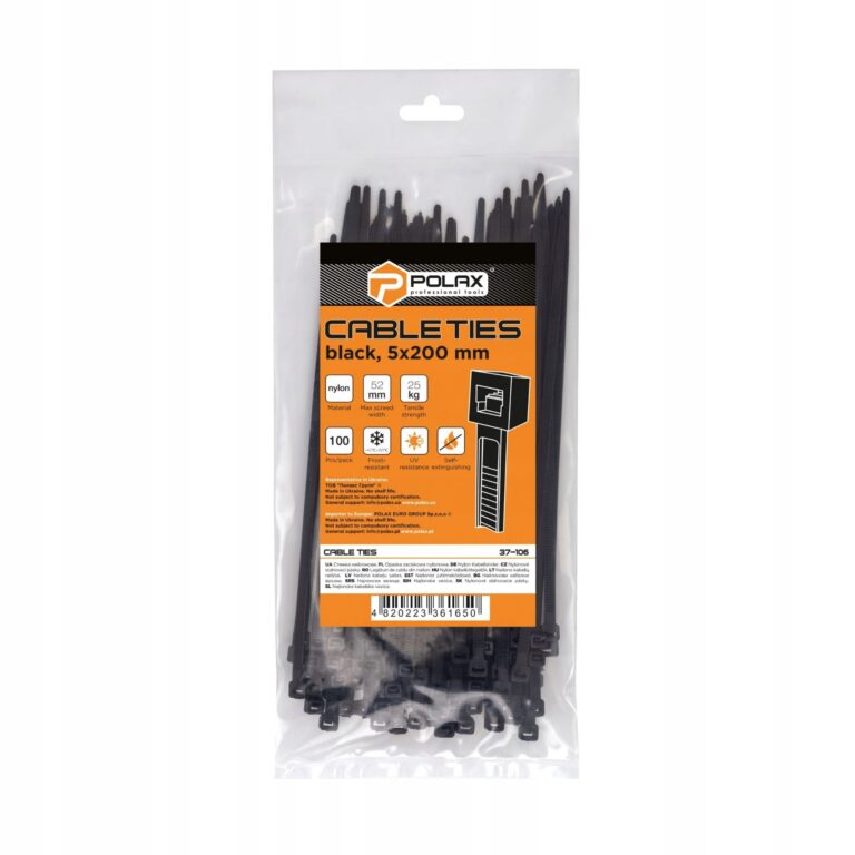 Opaska kablowa zaciskowa trytytka nylonowa 5×200 czarny opk 100szt POLAX 37-106