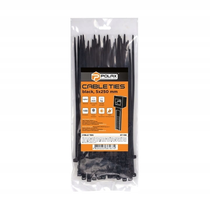 Opaska kablowa zaciskowa trytytka nylonowa 5×250 czarny opk 100szt POLAX 37-108